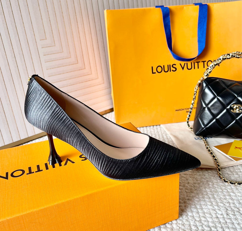 LOUIS VUITTON BLOSSOM PUMP 75 MM IN BLACK IMPORTED STRIPED SILK SATIN