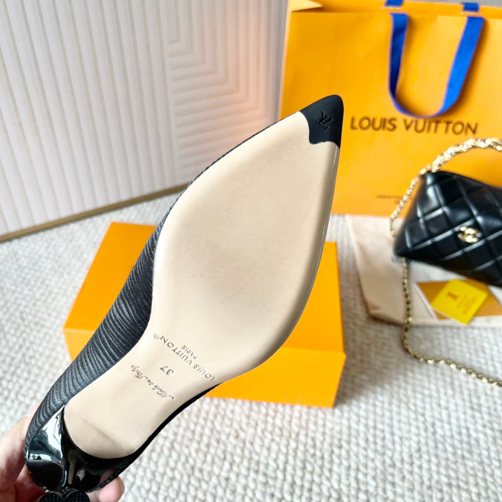 LOUIS VUITTON BLOSSOM PUMP 75 MM IN BLACK IMPORTED STRIPED SILK SATIN