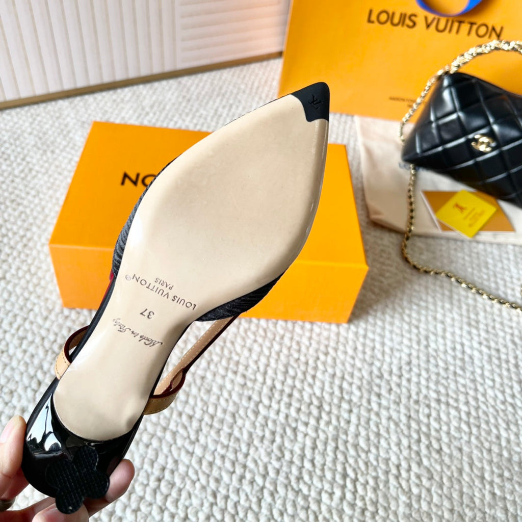 LOUIS VUITTON BLOSSOM PUMP SLINGBACKS 75 MM IN BLACK IMPORTED STRIPED SILK SATIN