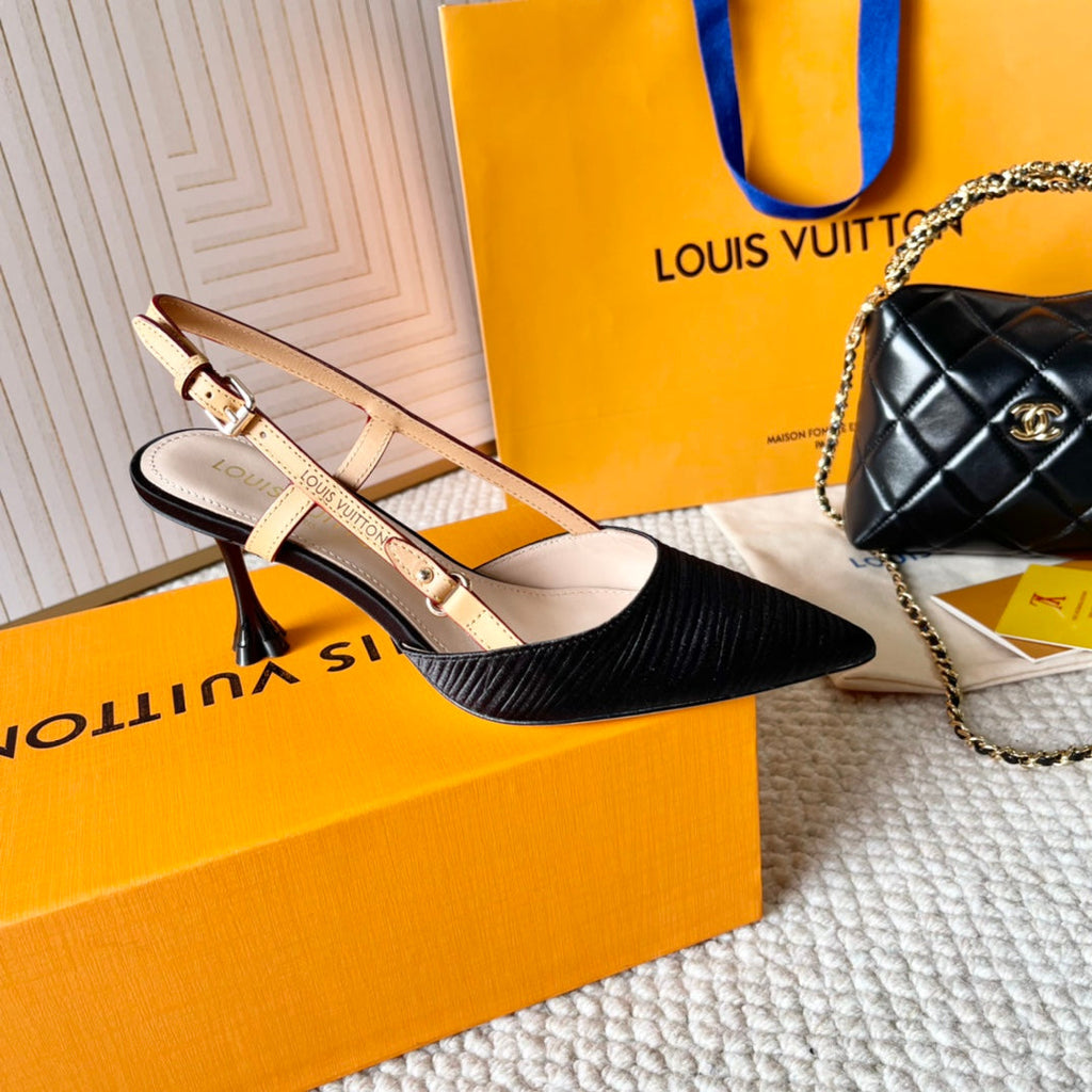 LOUIS VUITTON BLOSSOM PUMP SLINGBACKS 75 MM IN BLACK IMPORTED STRIPED SILK SATIN