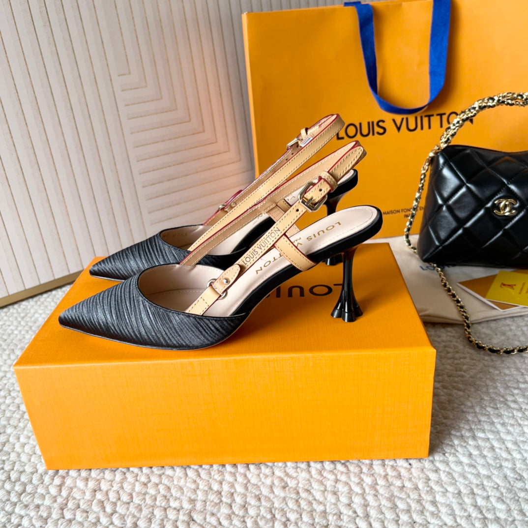 LOUIS VUITTON BLOSSOM PUMP SLINGBACKS 75 MM IN BLACK IMPORTED STRIPED SILK SATIN
