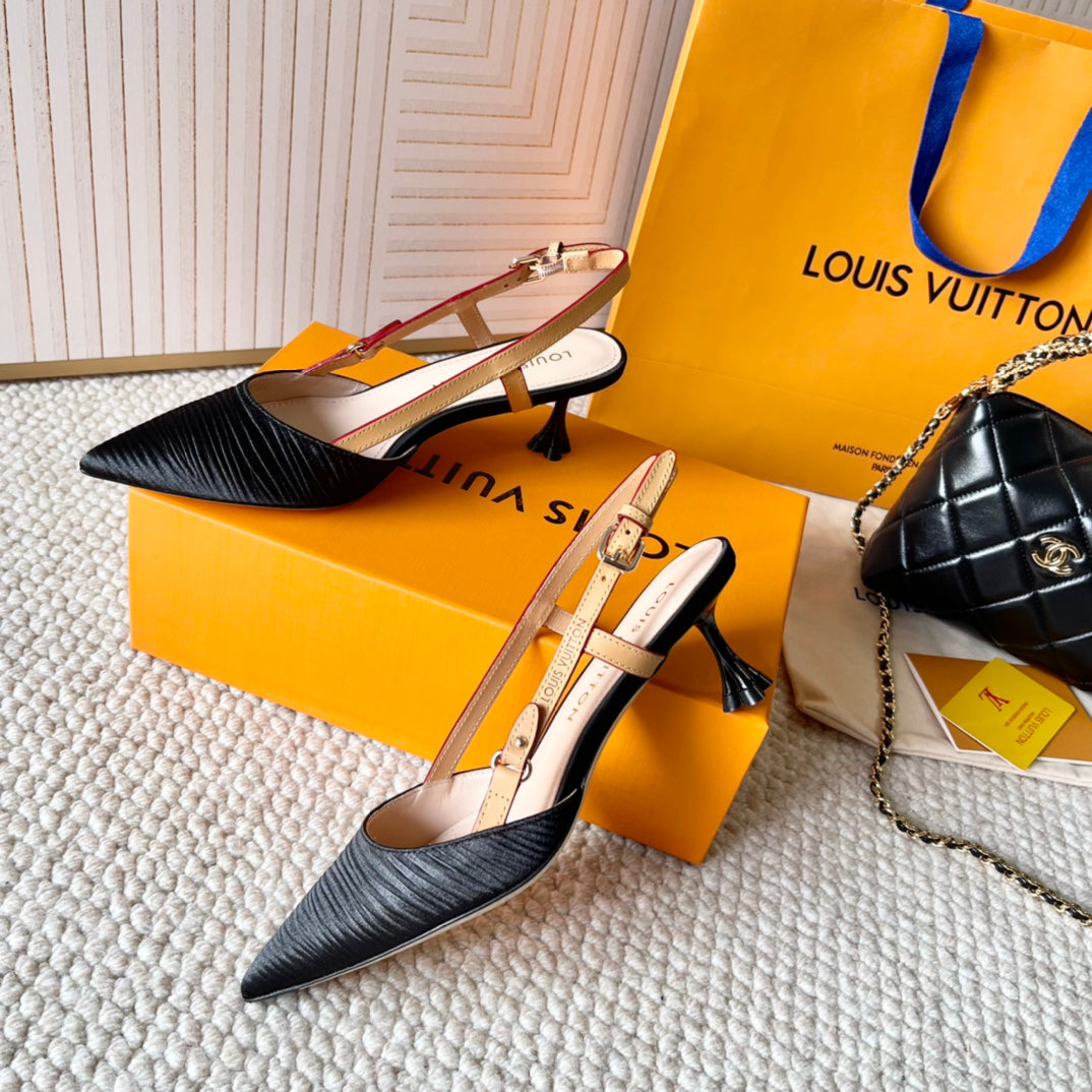 LOUIS VUITTON BLOSSOM PUMP SLINGBACKS 55 MM IN BLACK IMPORTED STRIPED SILK SATIN