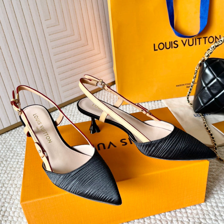 LOUIS VUITTON BLOSSOM PUMP SLINGBACKS 55 MM IN BLACK IMPORTED STRIPED SILK SATIN