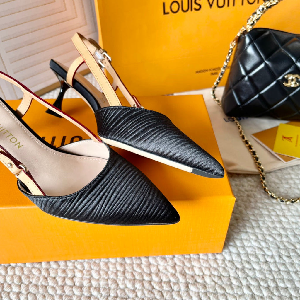 LOUIS VUITTON BLOSSOM PUMP SLINGBACKS 55 MM IN BLACK IMPORTED STRIPED SILK SATIN