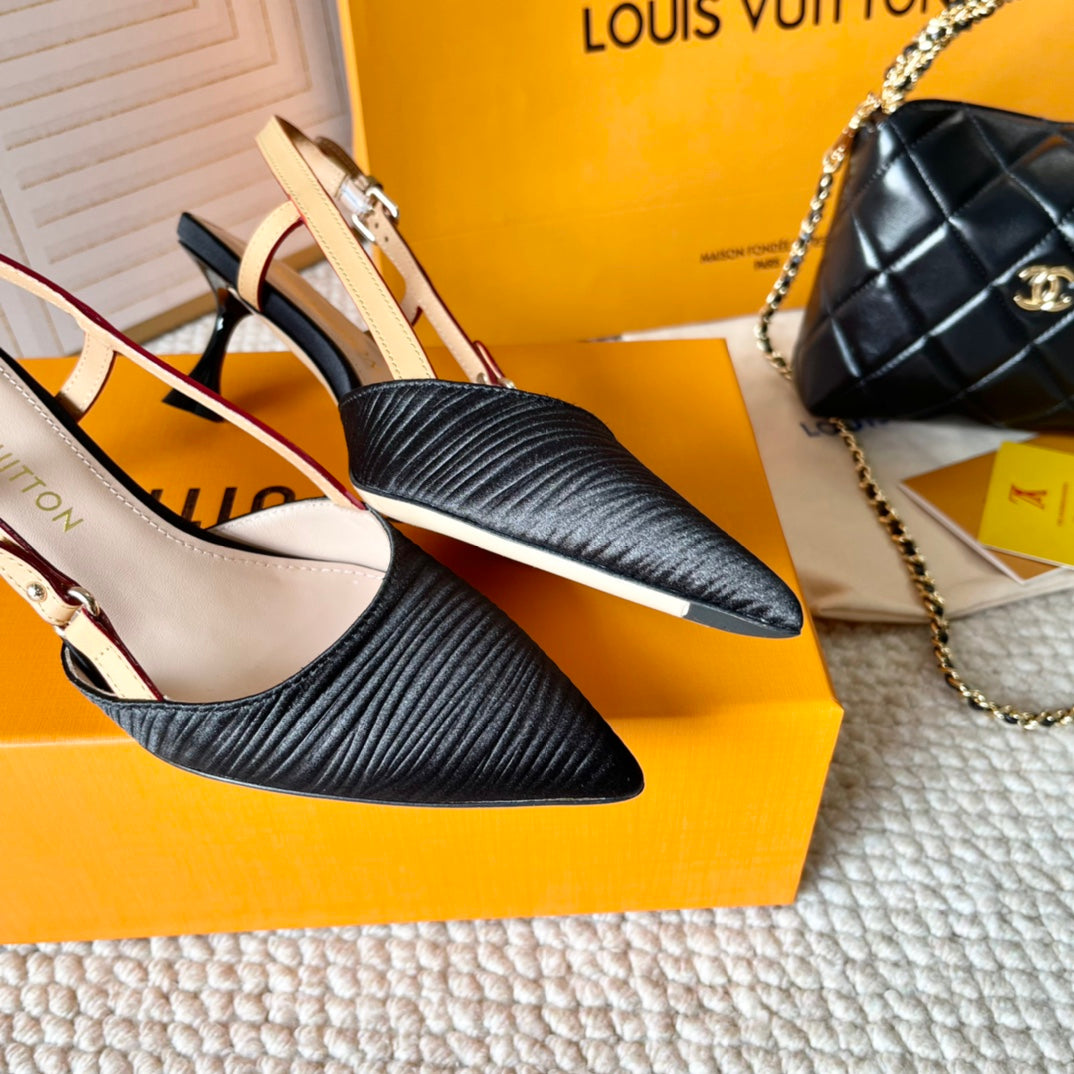 LOUIS VUITTON BLOSSOM PUMP SLINGBACKS 55 MM IN BLACK IMPORTED STRIPED SILK SATIN