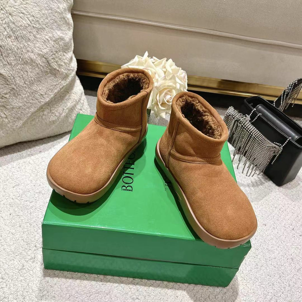 BOTTEGA VENETA SNAP MINI ANKLE BOOTS IN BRONZE BROWN SUEDE AND SHEARLING LINING