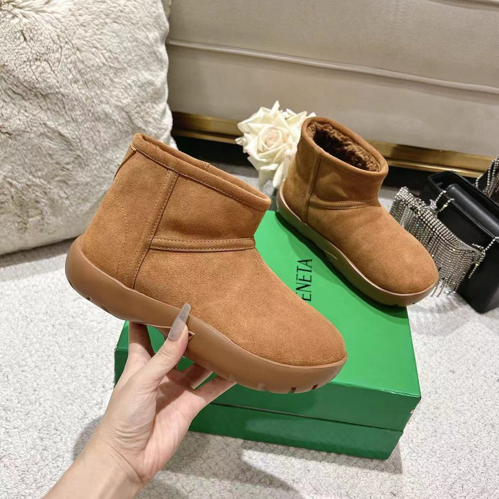 BOTTEGA VENETA SNAP MINI ANKLE BOOTS IN BRONZE BROWN SUEDE AND SHEARLING LINING