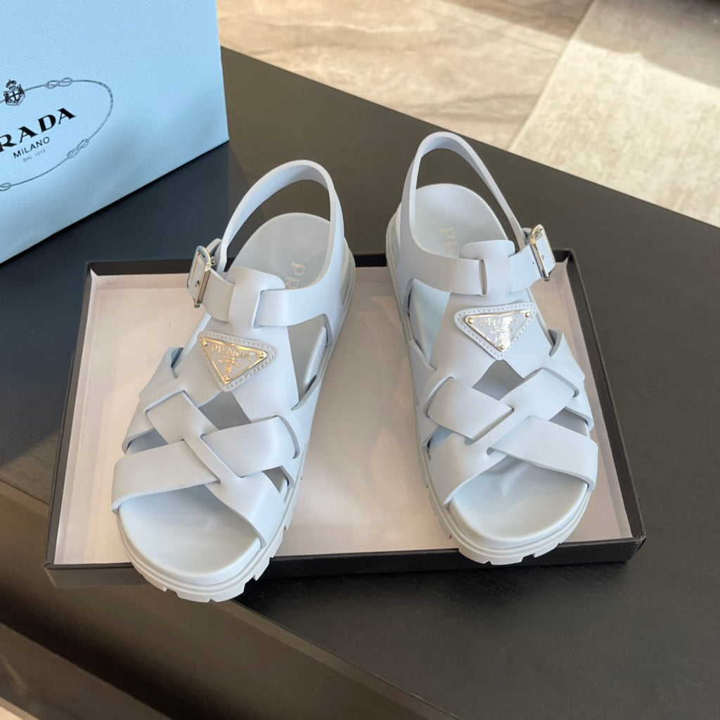 PRADA CRISSCROSS RUBBER SANLS PASTEL SKY CALFSKIN