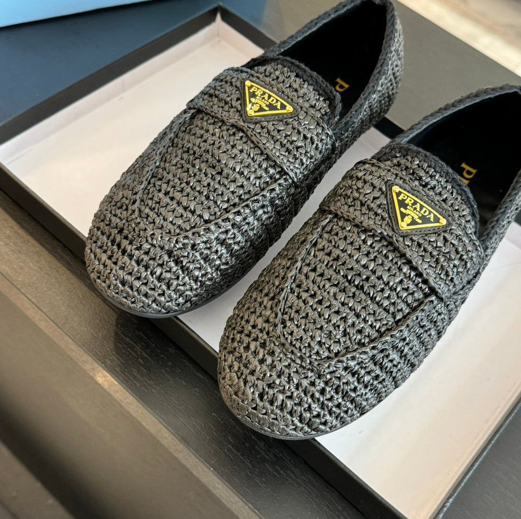 PRADA CROCHET LOAFERS BLACK CALFSKIN