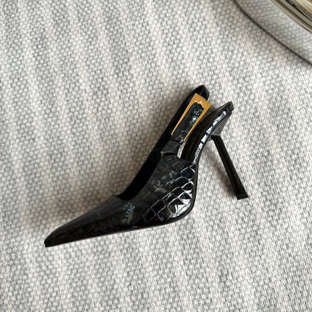 LEE SLINGBACK PUMPS 105 IN BLACK CROCODILE-EMBOSSED LEATHER