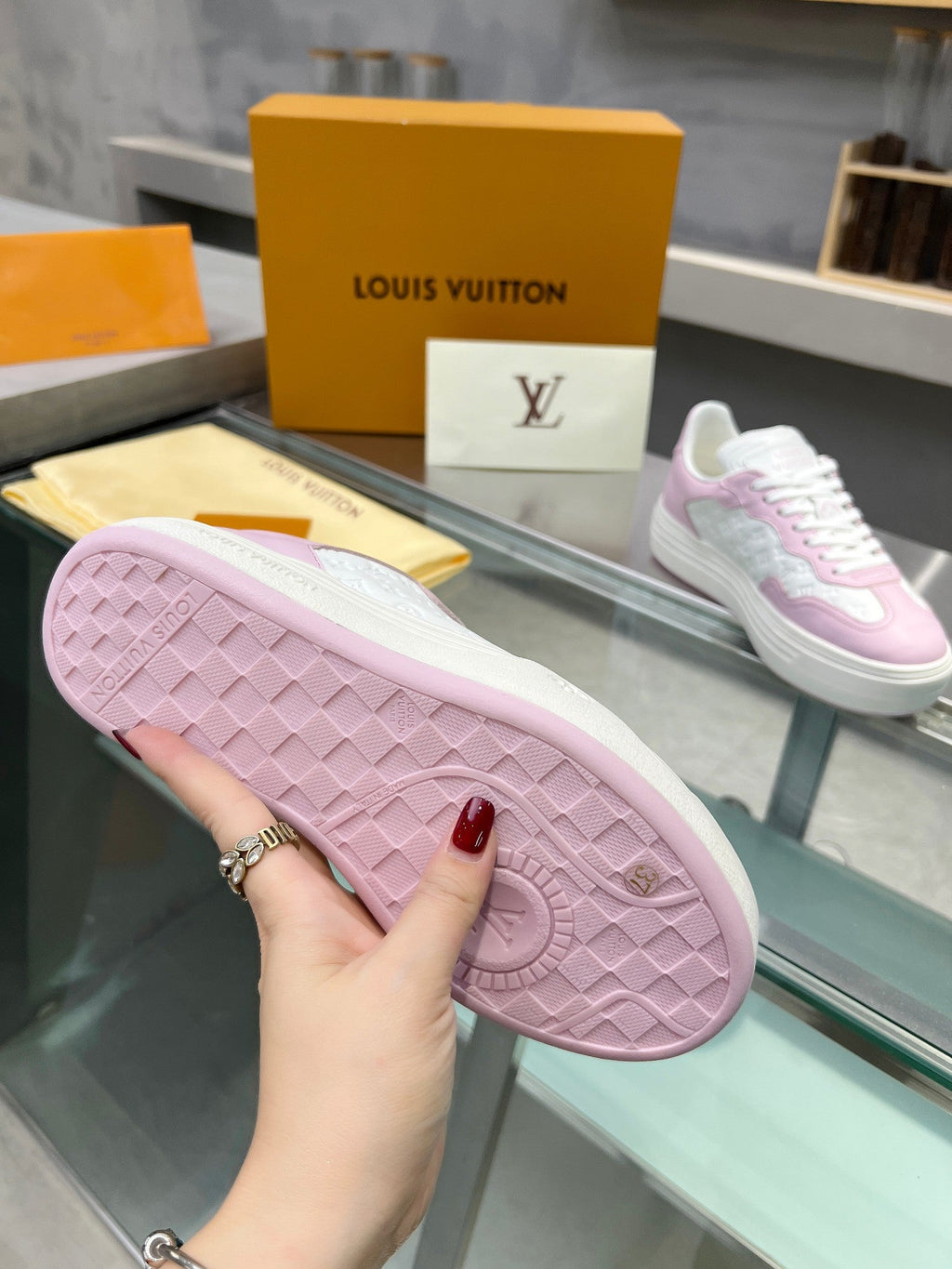 LOUIS VUITTON LV WOMEN GROOVY PLATFORM IN WHITE MIX LIGHT PINK EMBOSSED CALFSKIN