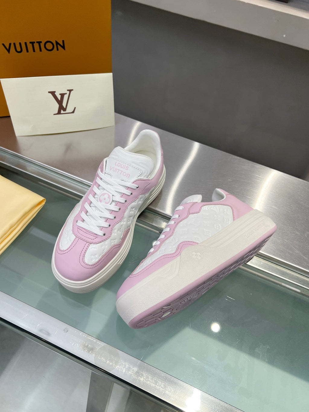 LOUIS VUITTON LV WOMEN GROOVY PLATFORM IN WHITE MIX LIGHT PINK EMBOSSED CALFSKIN