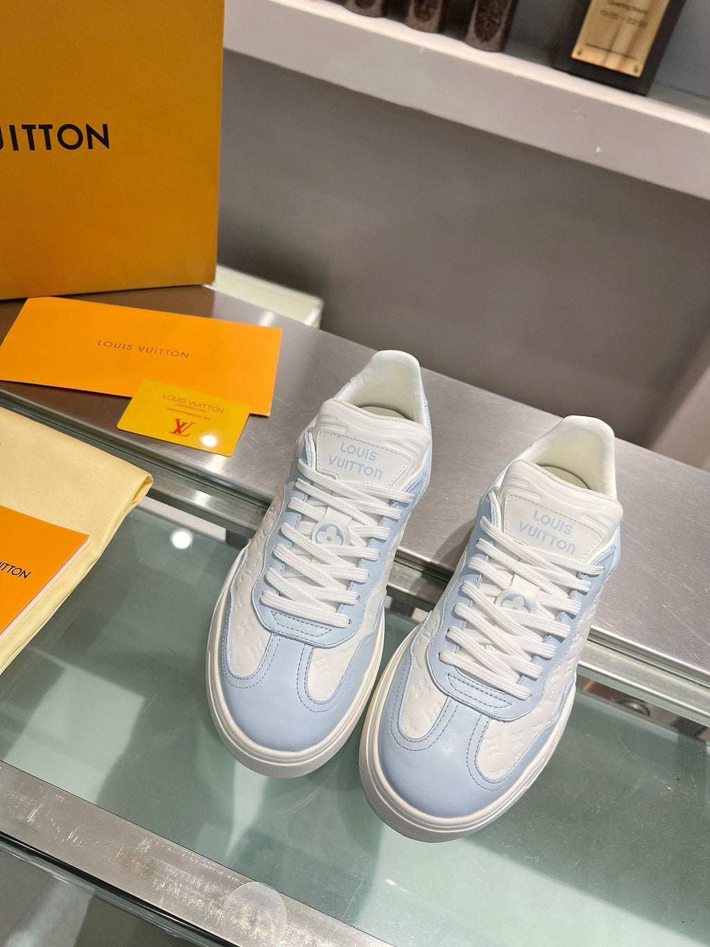 LOUIS VUITTON LV WOMEN GROOVY PLATFORM IN WHITE MIX LIGHT BLUE EMBOSSED CALFSKIN