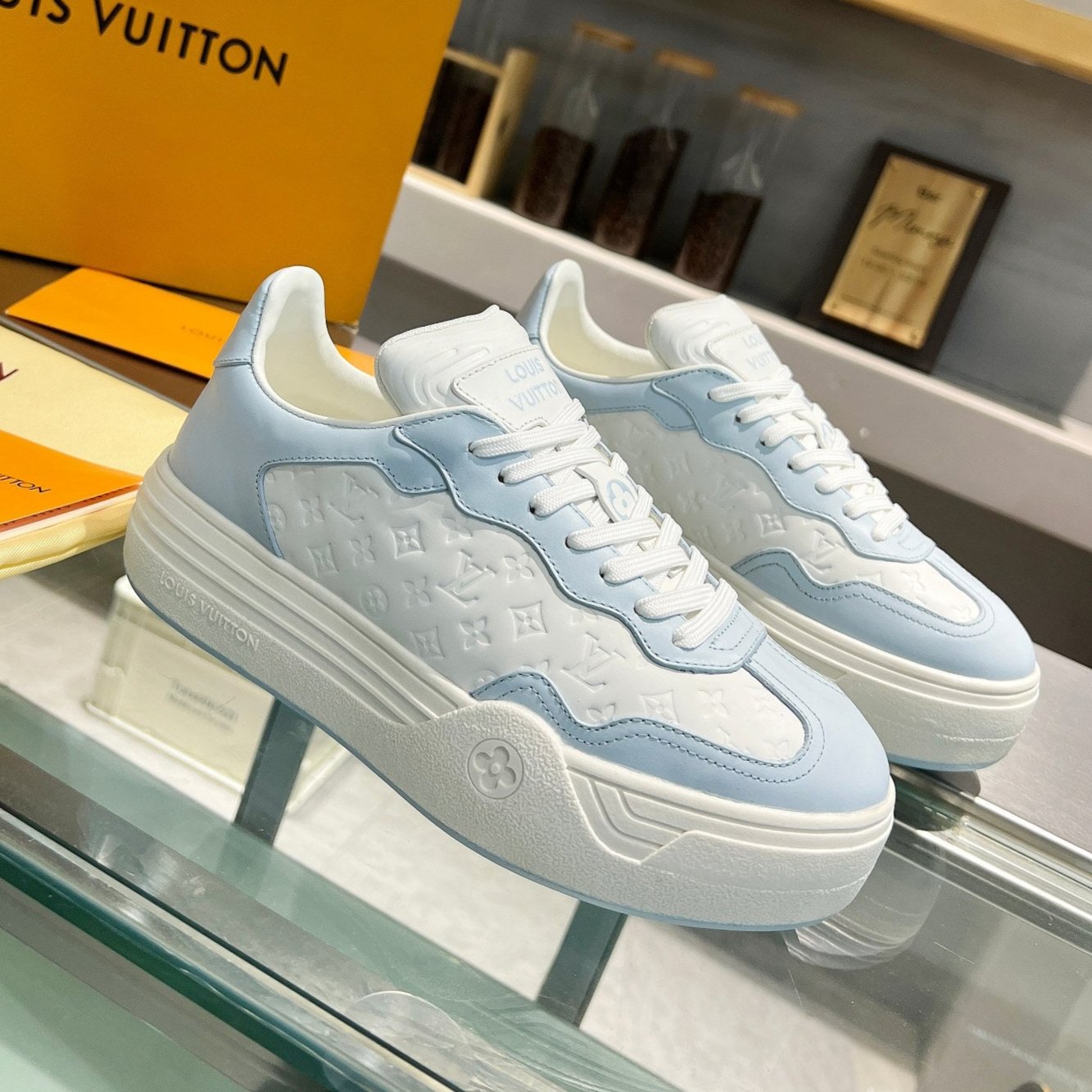 LOUIS VUITTON LV WOMEN GROOVY PLATFORM IN WHITE MIX LIGHT BLUE EMBOSSED CALFSKIN