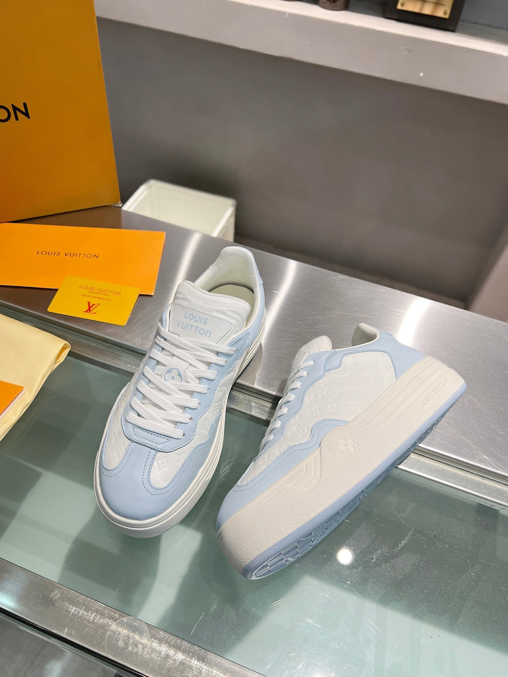 LOUIS VUITTON LV WOMEN GROOVY PLATFORM IN WHITE MIX LIGHT BLUE EMBOSSED CALFSKIN