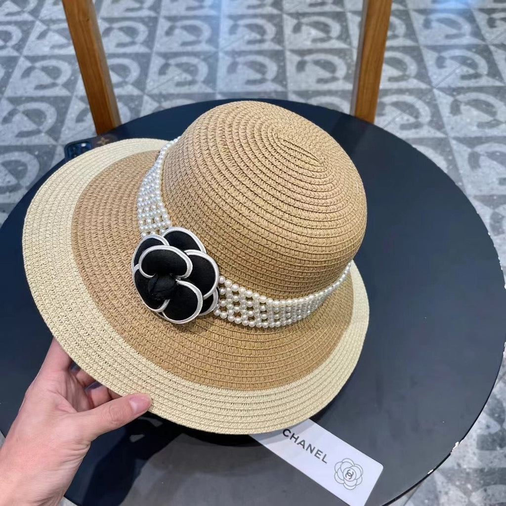 CHANEL STRAW BUCKET HAT WITH PEARLS 672765