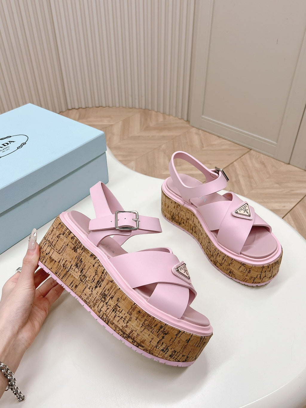 PRADA WEDGE PLATFORM SANLS PASTEL PINK CALFSKIN