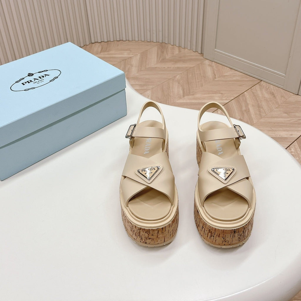 PRADA WEDGE PLATFORM SANLS BEIGE CALFSKIN