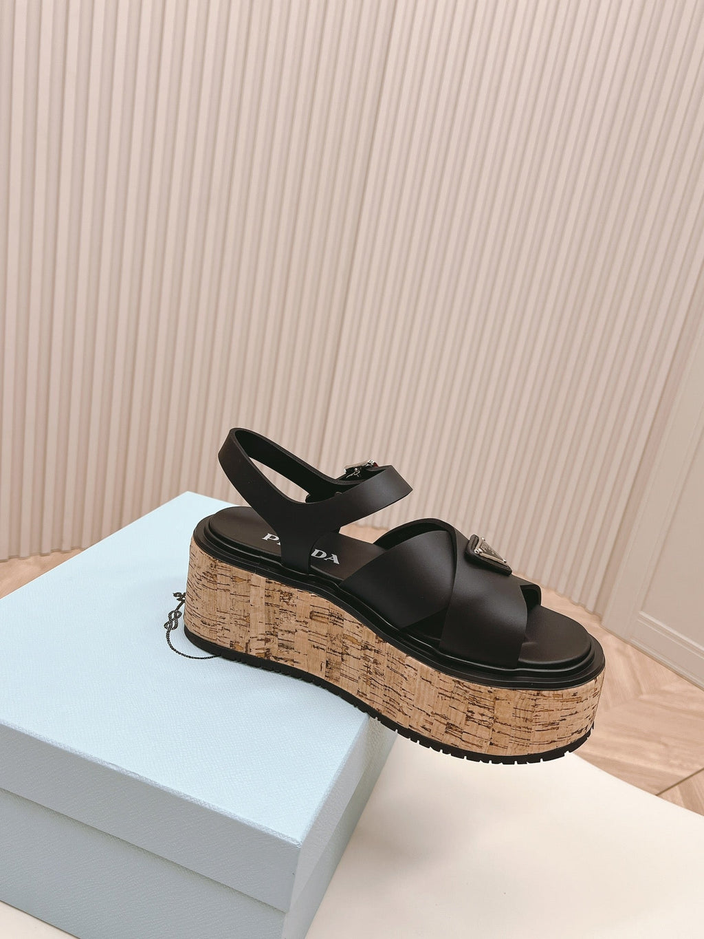 PRADA WEDGE PLATFORM SANLS BLACK CALFSKIN