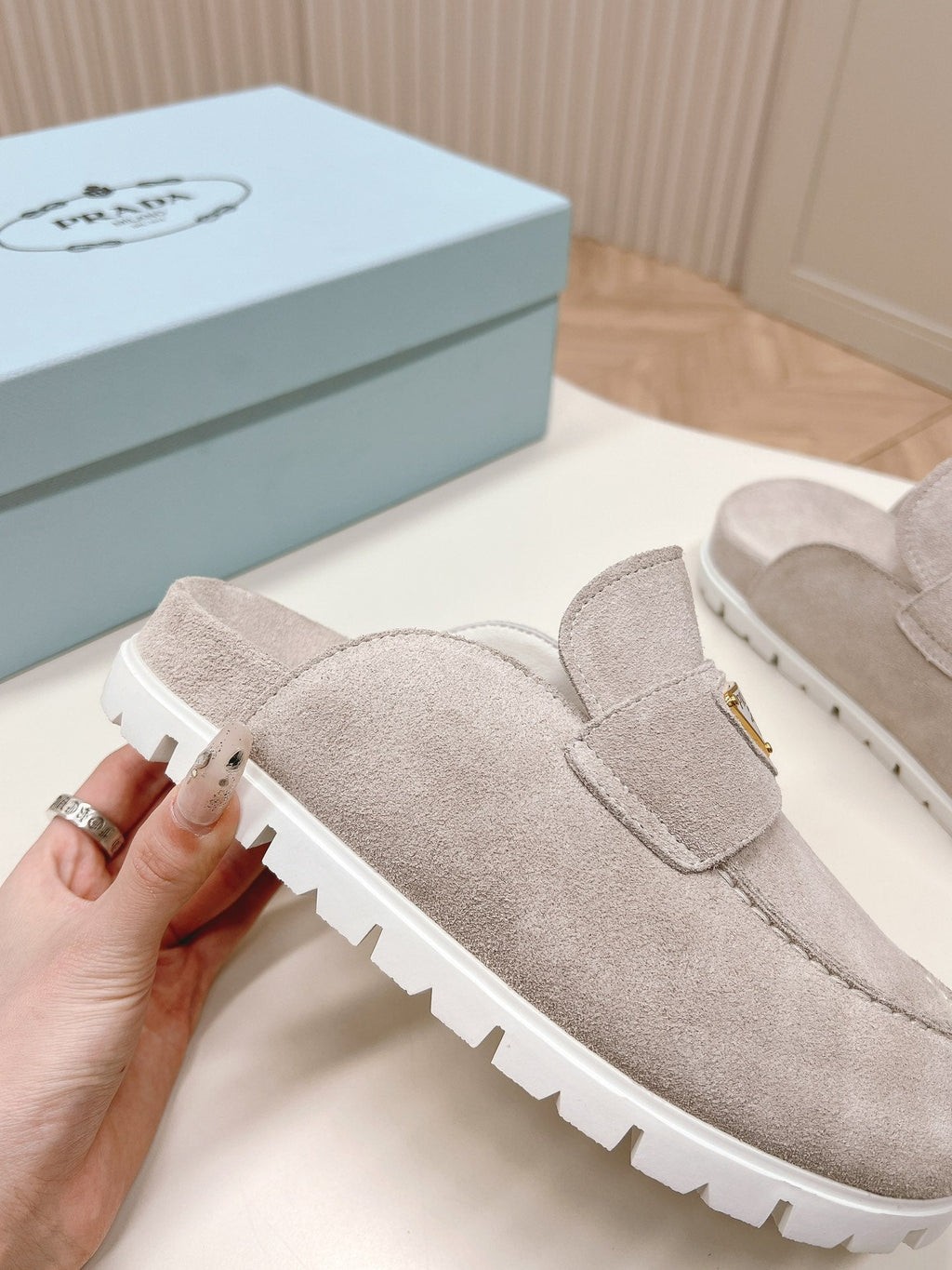 PRADA SABOTS MULES LIGHT GRAY SUEDE