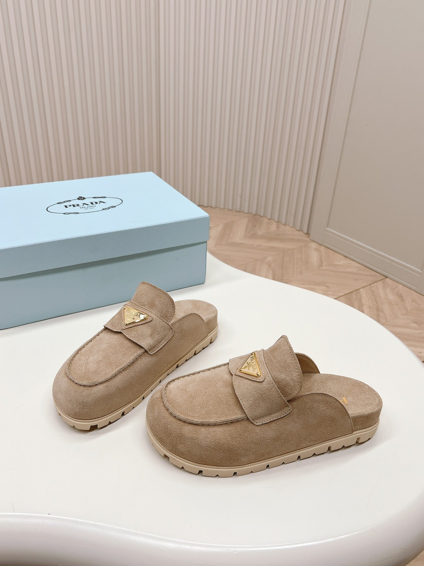 PRADA SABOTS MULES LIGHT BROWN SUEDE