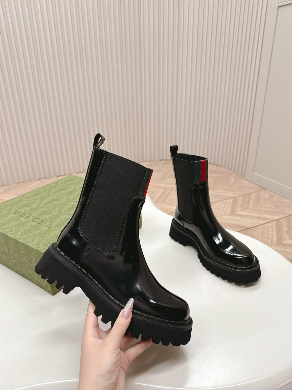 GUCCI CLASSIC MARTIN BOOTS IN BLACK PATENT LEATHER