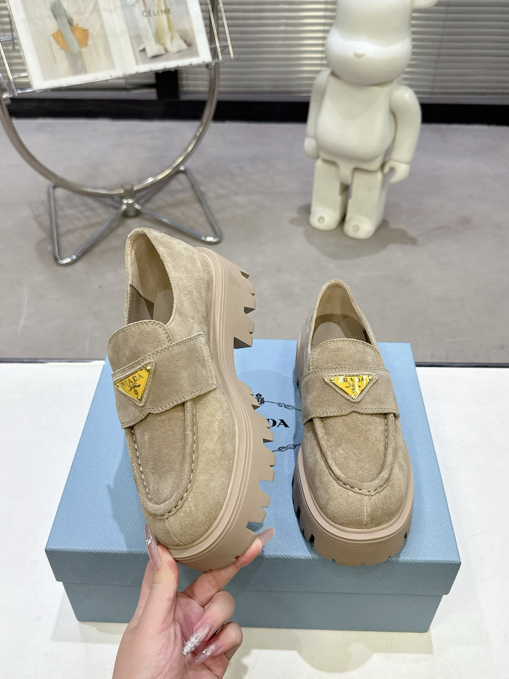PRADA 25S THICK-SOLE LOAFERS 60 MM IN BEIGE SUEDE WITH GOLD HARDWARE