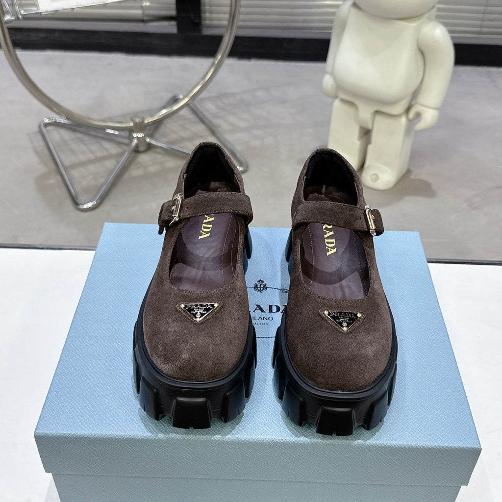 PRADA 25S PLATFORM MARY JANE SHOES IN RK BROWN SUEDE