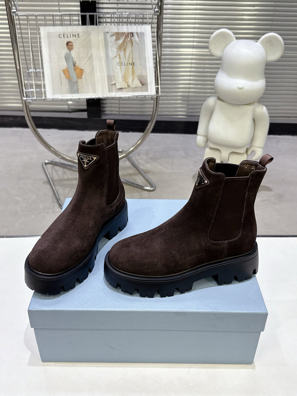 PRADA 25S RETRO PLATFORM MARTIN ANKLE BOOTS IN RK BROWN SUEDE