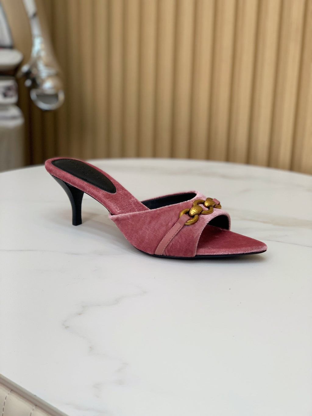 SL CHAIN ATTACH HEELED MULES BLUSH PINK VELVET