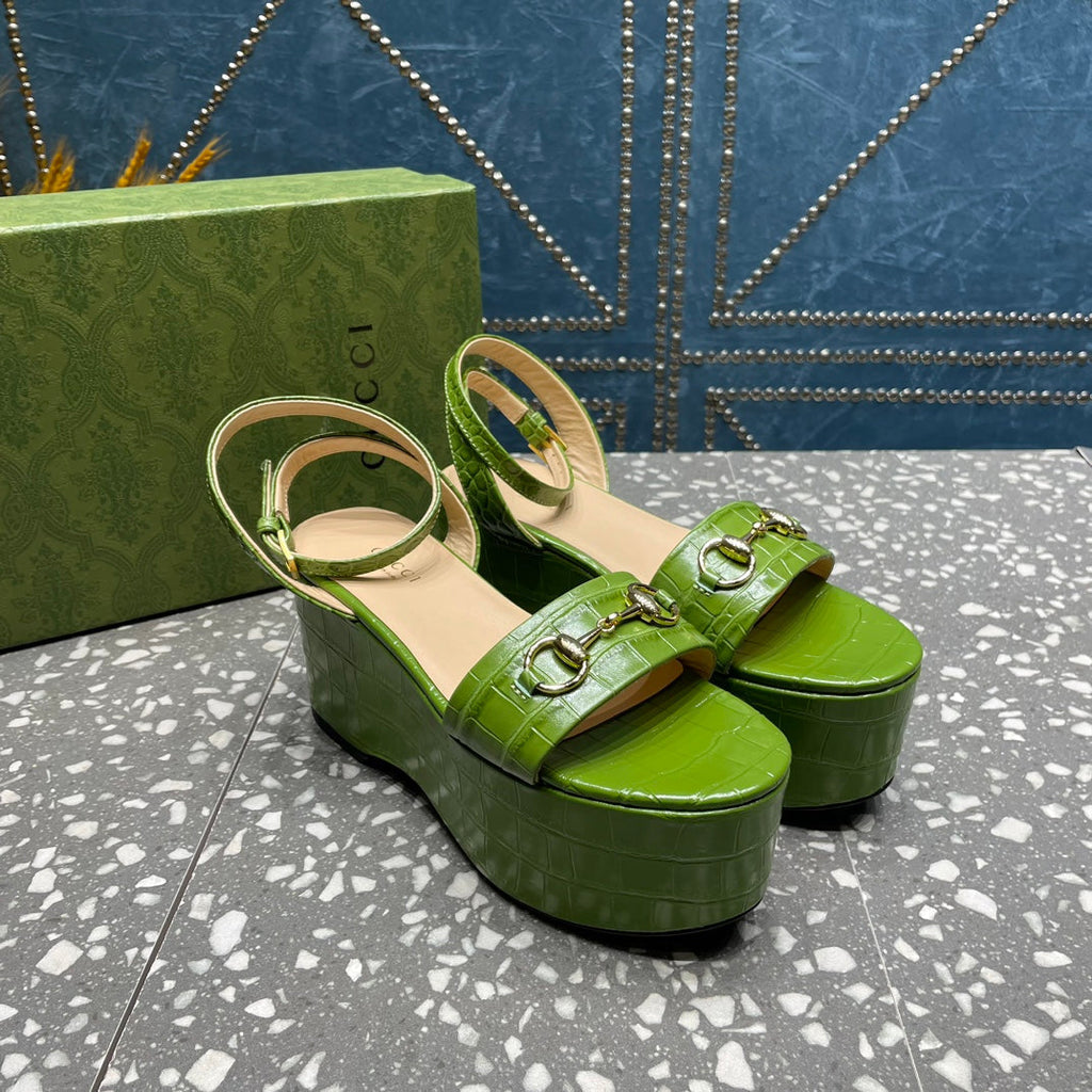 GUCCI HORSEBIT PLATFORM SANDAL GREEN CALFSKIN