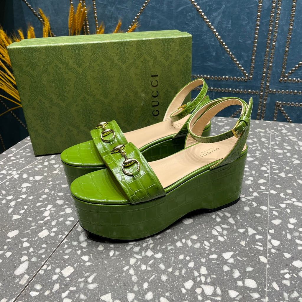 GUCCI HORSEBIT PLATFORM SANDAL GREEN CALFSKIN