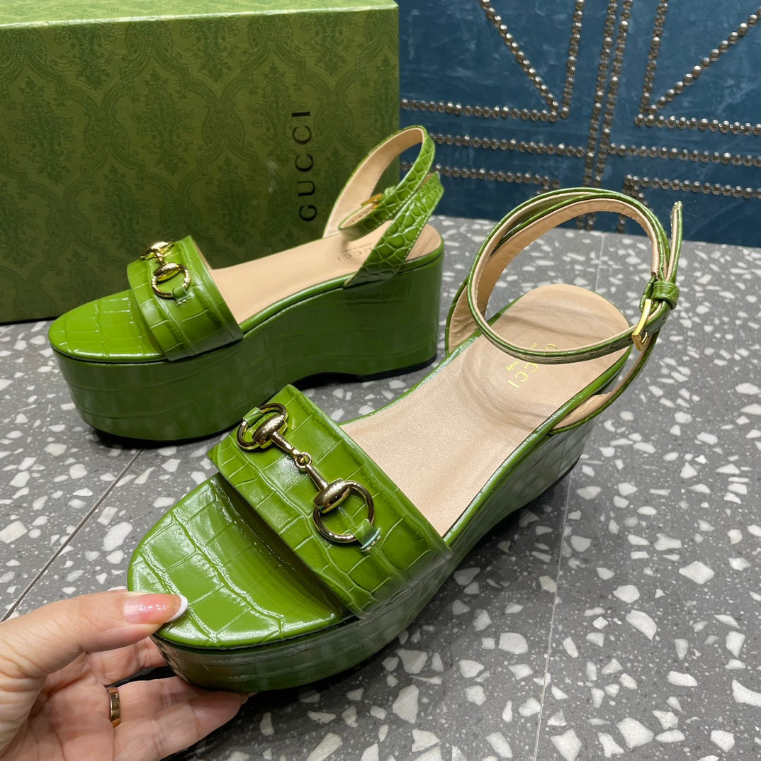 GUCCI HORSEBIT PLATFORM SANDAL GREEN CALFSKIN