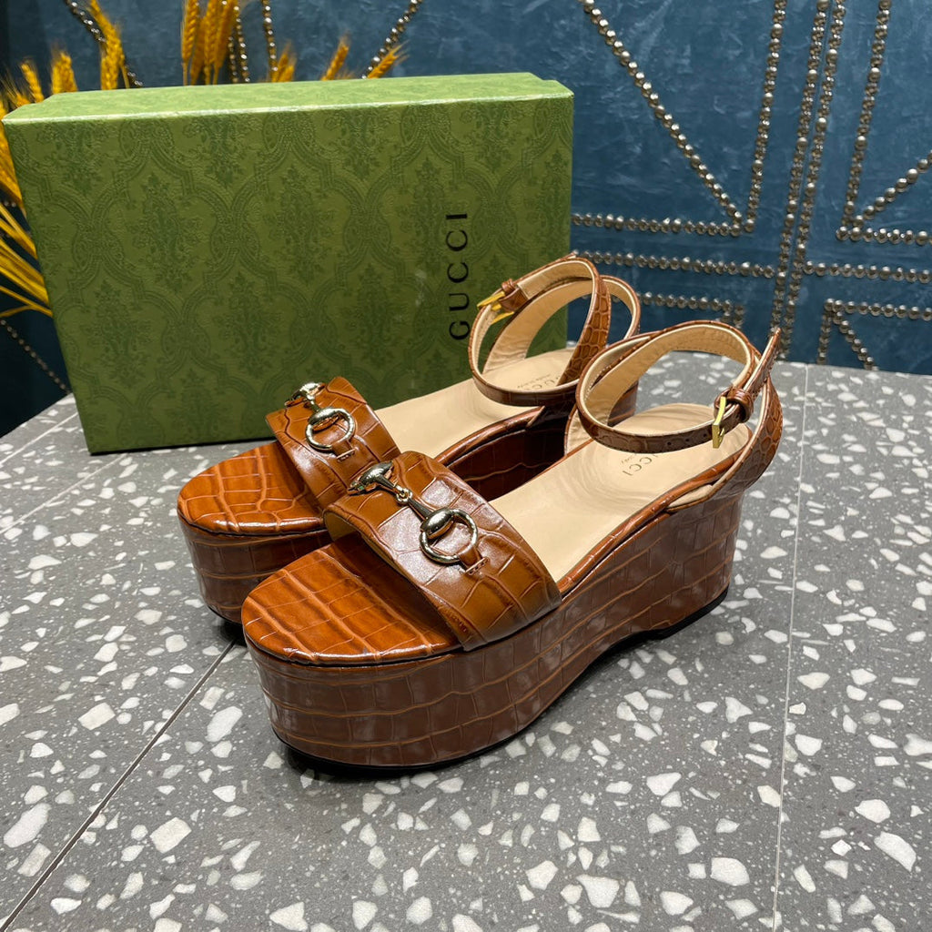 GUCCI HORSEBIT FLATFORM SANDAL CARAMEL CALFSKIN