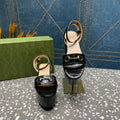 GUCCI HORSEBIT FLATFORM SANDAL GLOSSY BLACK CALFSKIN