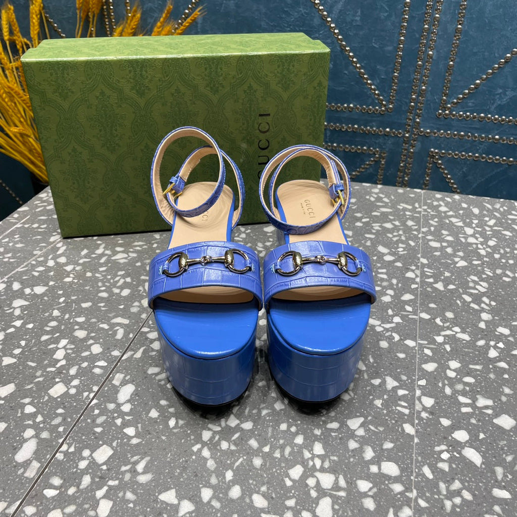 GUCCI HORSEBIT FLATFORM SANDAL COBALT CALFSKIN