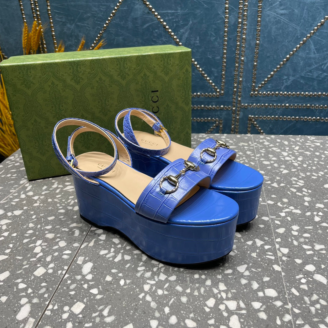 GUCCI HORSEBIT FLATFORM SANDAL COBALT CALFSKIN