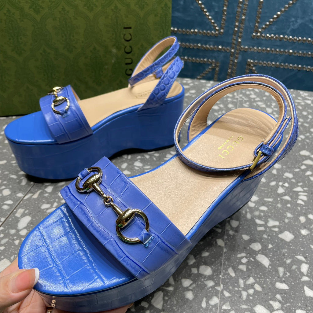 GUCCI HORSEBIT FLATFORM SANDAL COBALT CALFSKIN
