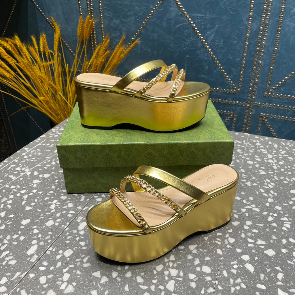 GUCCI HIGH WEDGE PLATFORM IN GOLD CALFSKIN WITH GOLD HARDWARE
