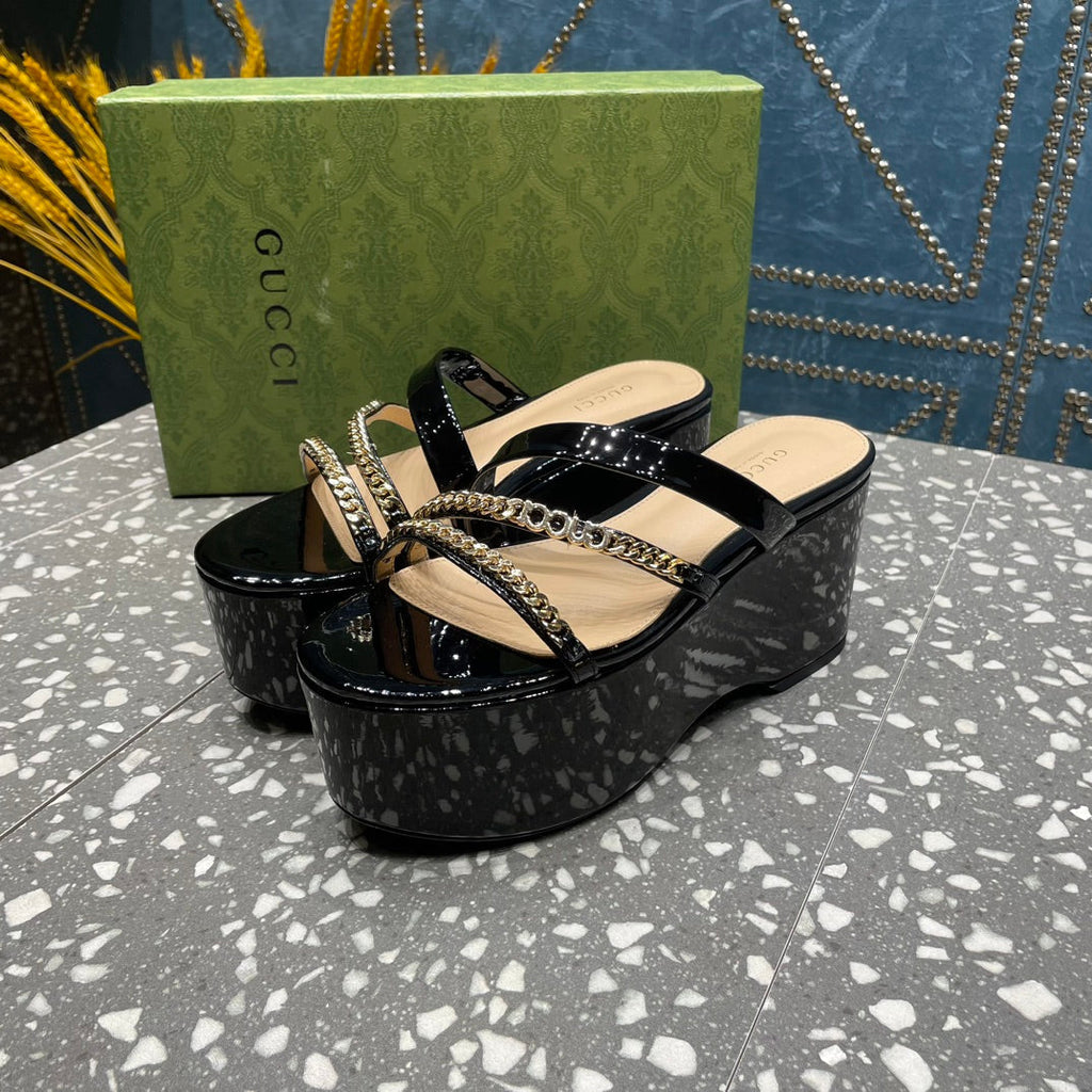 GUCCI HIGH WEDGE PLATFORM IN BLACK CALFSKIN WITH GOLD HARDWARE