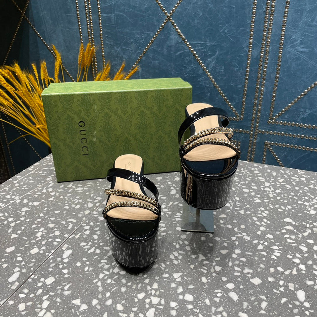 GUCCI HIGH WEDGE PLATFORM IN BLACK CALFSKIN WITH GOLD HARDWARE