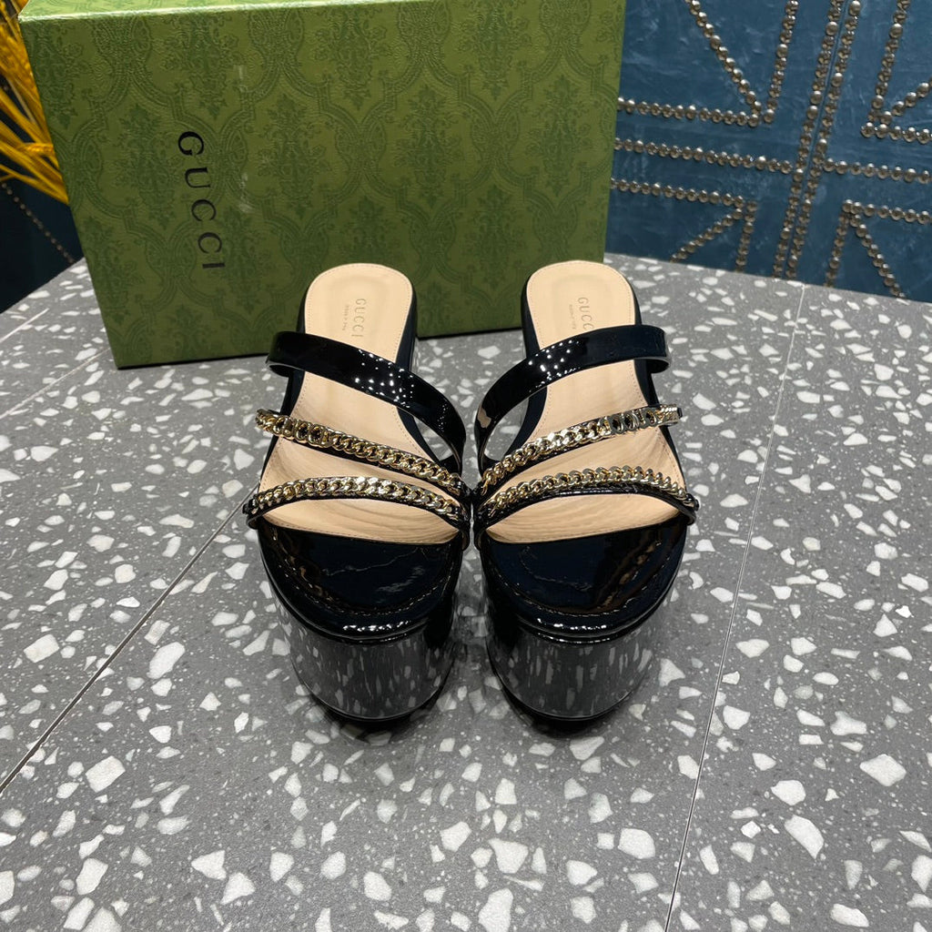 GUCCI HIGH WEDGE PLATFORM IN BLACK CALFSKIN WITH GOLD HARDWARE