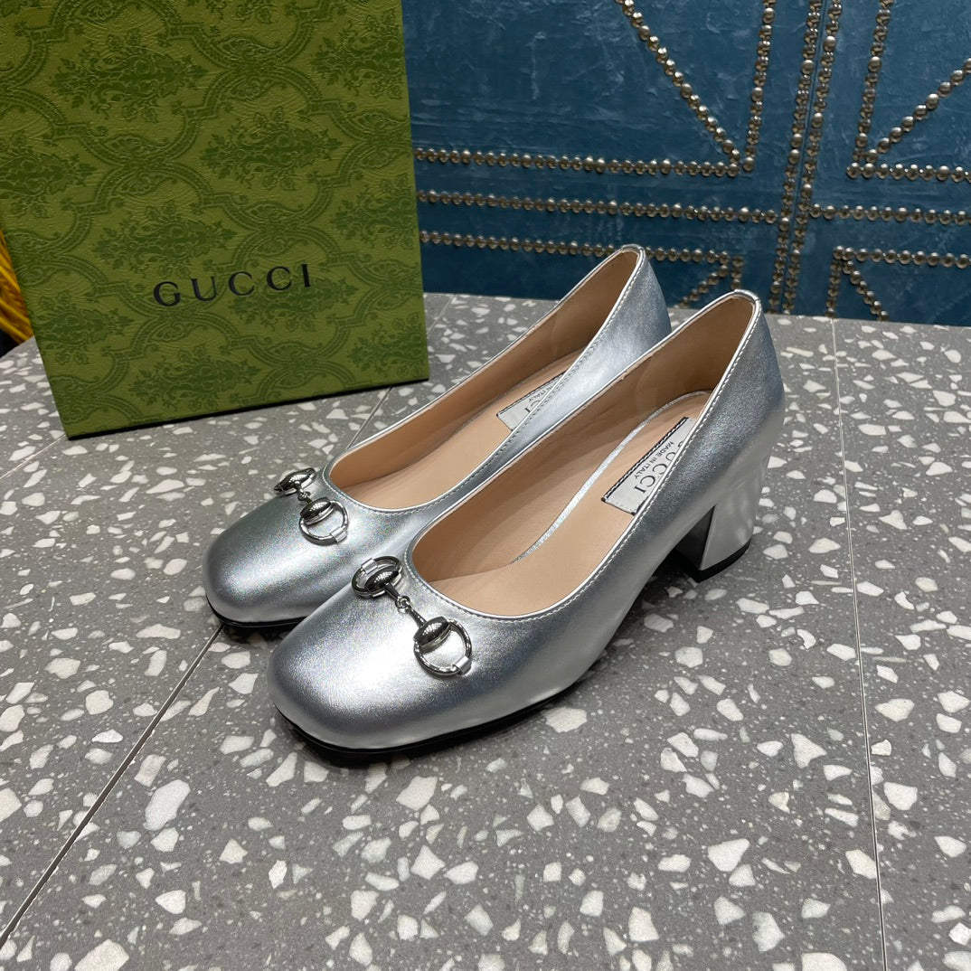 GUCCI HIGH PUMP 55MM IN SILVER SHEEPSKIN