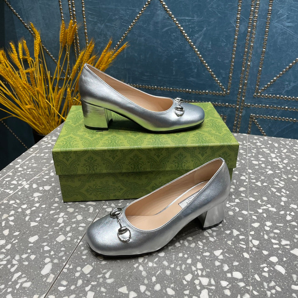 GUCCI HIGH PUMP 55MM IN SILVER SHEEPSKIN