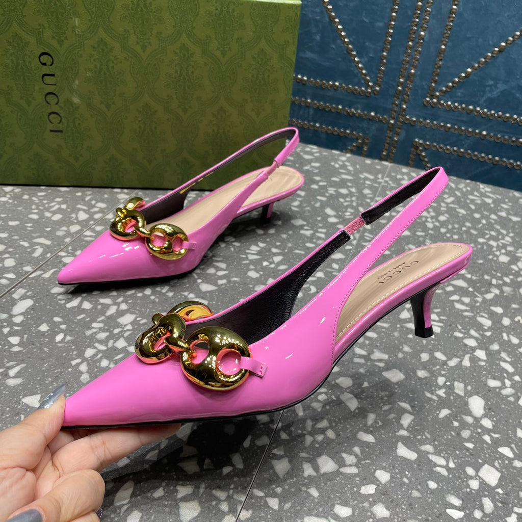 GUCCI WOMEN'S SLINGBACK 45MM IN FUSCIA PINK CALFSKIN WITH GOLD HARDWARE