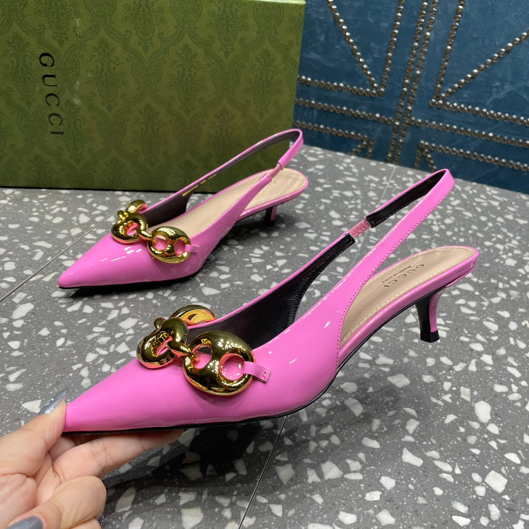 GUCCI WOMEN'S SLINGBACK 45MM IN FUSCIA PINK CALFSKIN WITH GOLD HARDWARE
