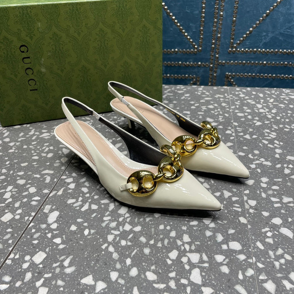 GUCCI WOMEN'S SLINGBACK 45MM IN WHITE CALFSKIN WITH GOLD HARDWARE