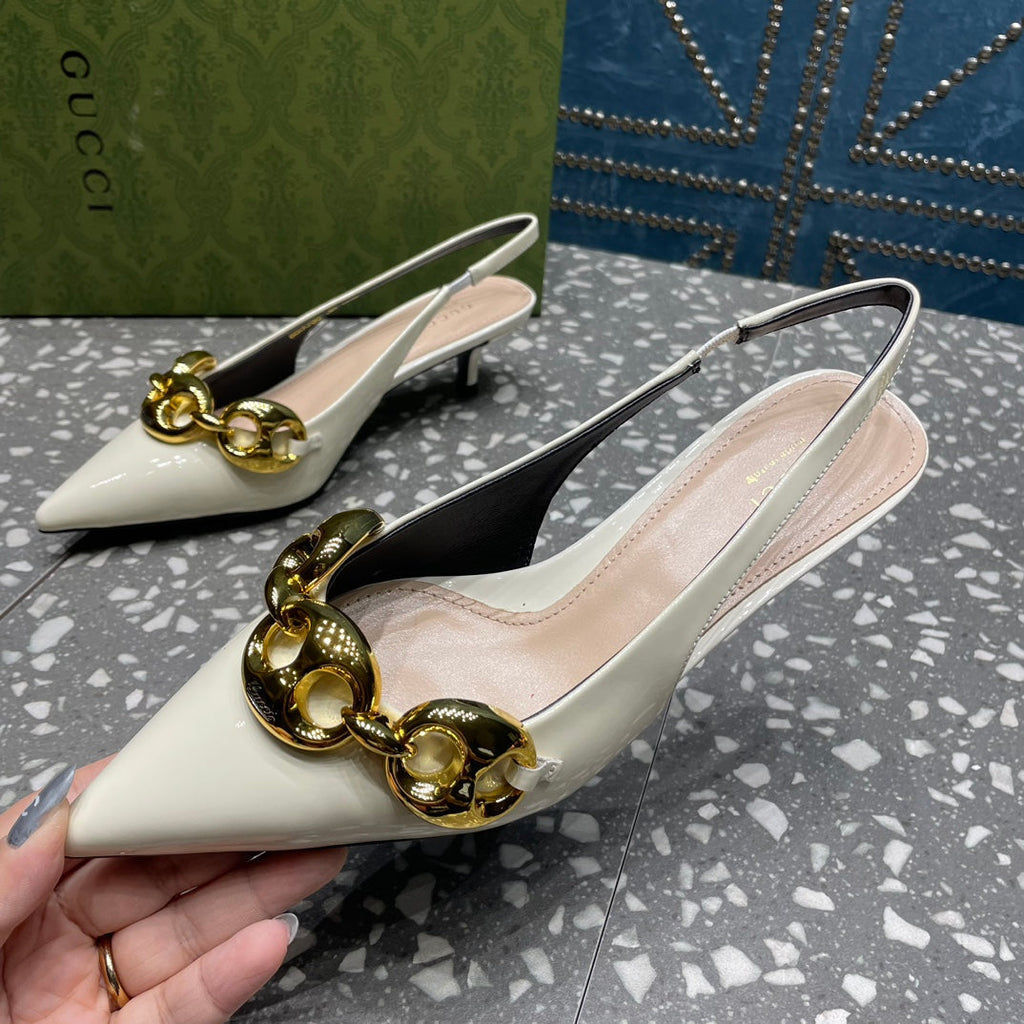 GUCCI WOMEN'S SLINGBACK 45MM IN WHITE CALFSKIN WITH GOLD HARDWARE