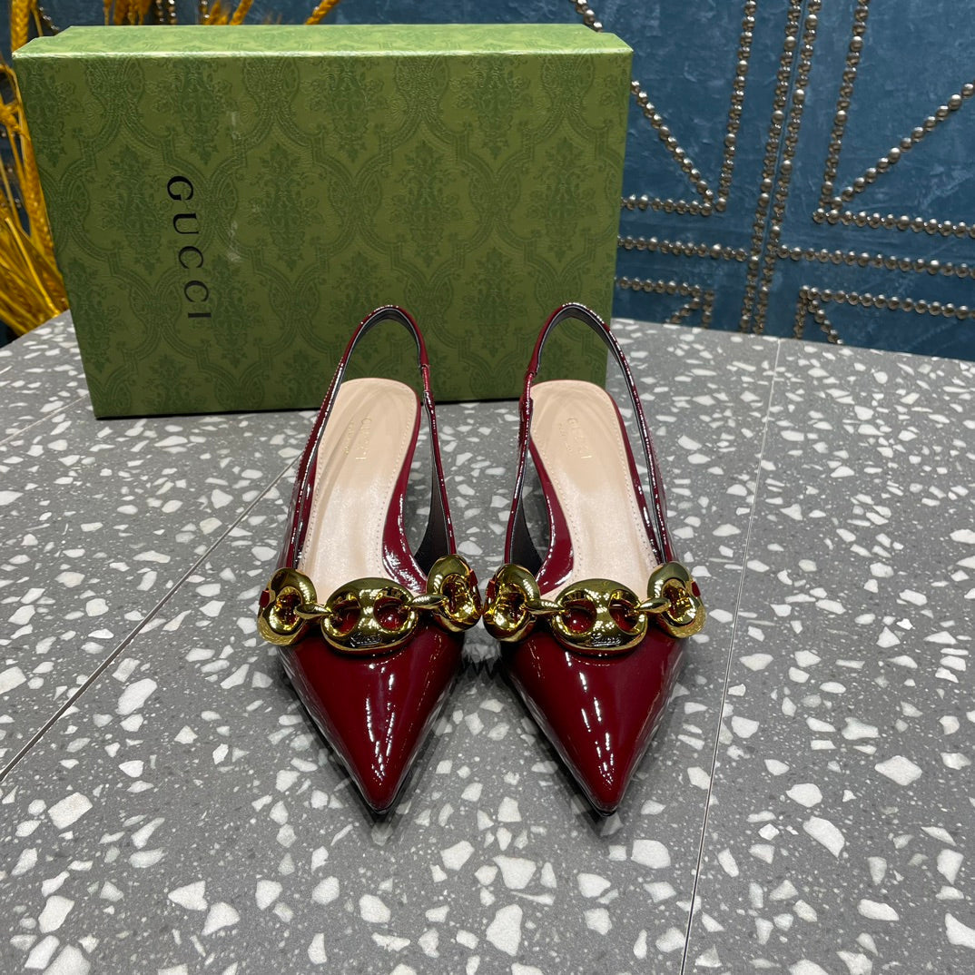 GUCCI WOMEN'S SLINGBACK 45MM IN GARNET RED CALFSKIN WITH GOLD HARDWARE