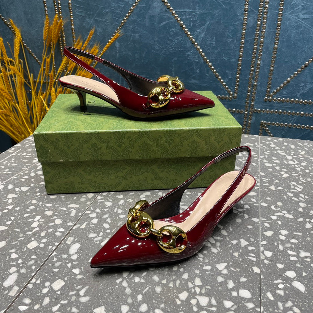 GUCCI WOMEN'S SLINGBACK 45MM IN GARNET RED CALFSKIN WITH GOLD HARDWARE